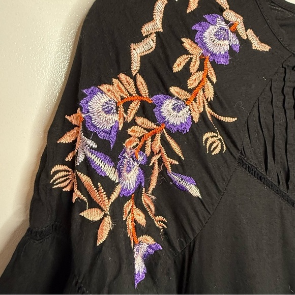 Free People - Pablo Dress - mini 3/4 sleeves, ruffles, embroidery. Black small - Picture 4 of 12